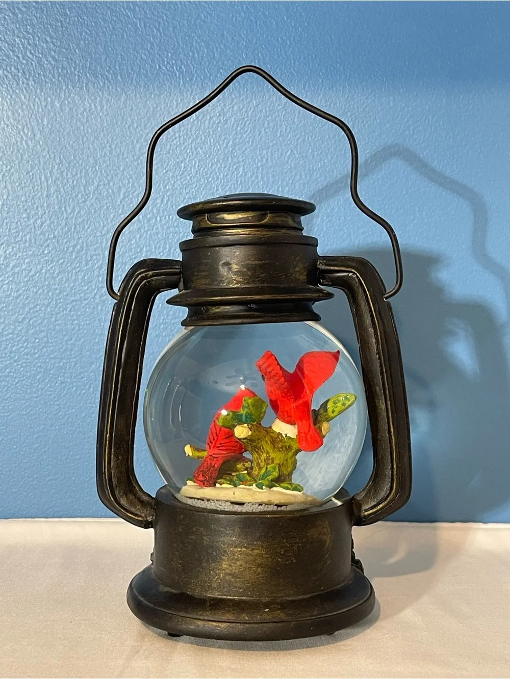 Vintage-Style Black Lantern Snow Globe with Red Cardinals